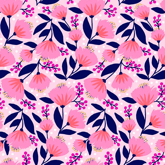Vibrant Blooms Quilt Fabric - Fan Flowers in Light Pink/Navy - 120-22232