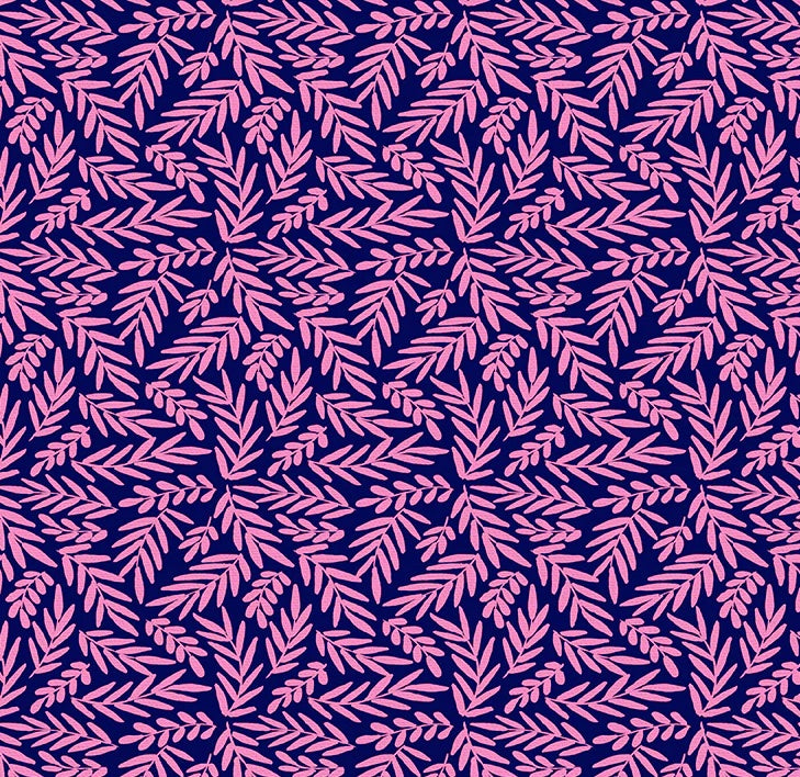 Vibrant Blooms Quilt Fabric - Ferns in Navy/Dark Pink - 120-22234