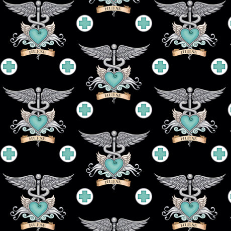 What the DR (Doctor) Ordered Quilt Fabric - Nurse Tattoo in Black/Aqua - 1649-24927-JQ