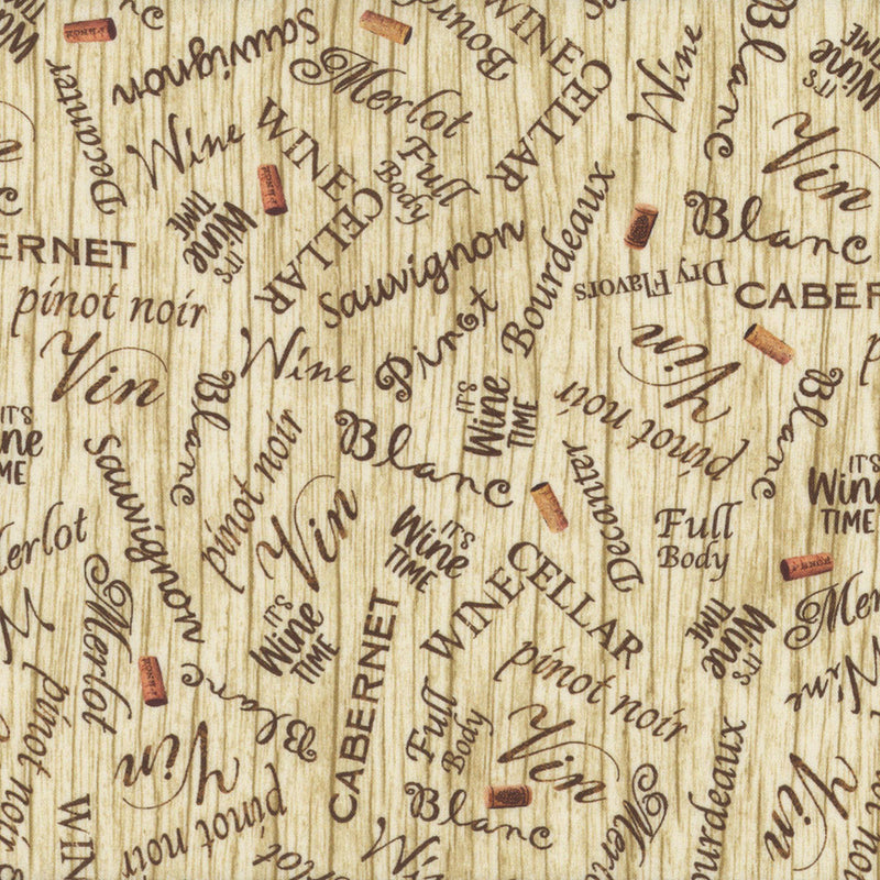 Wine Tasting Quilt Fabric - Wine Variety Words and Corks in Cream - WINE-CD1934  CREAM