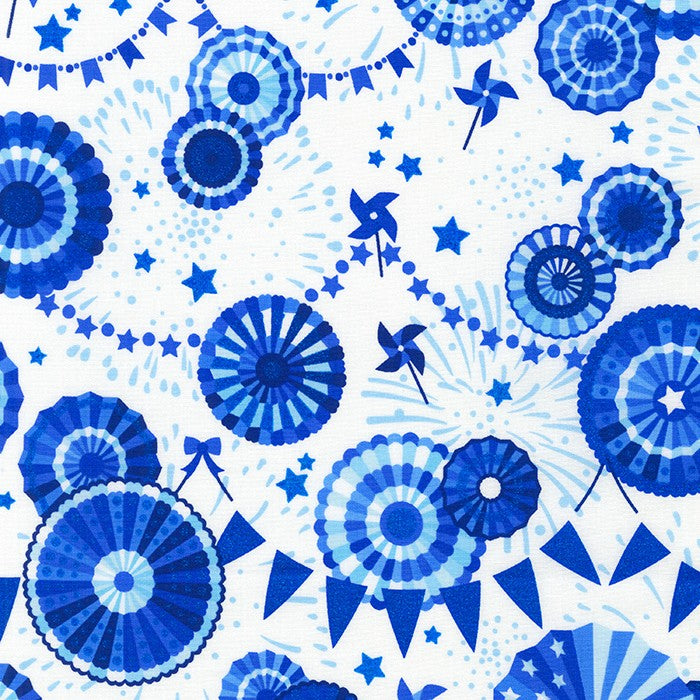Wishwell Spangled Quilt Fabric - Fans and Pinwheels in White/Blue - WELM-21215-1 WHITE