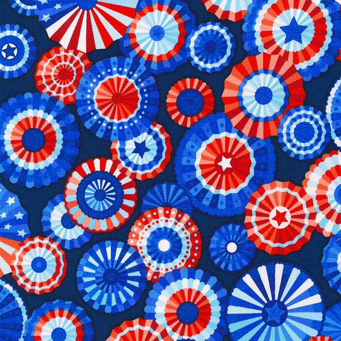 Wishwell Spangled Quilt Fabric - Paper Fans in Navy Blue/Red - WELM-21217-9 NAVY