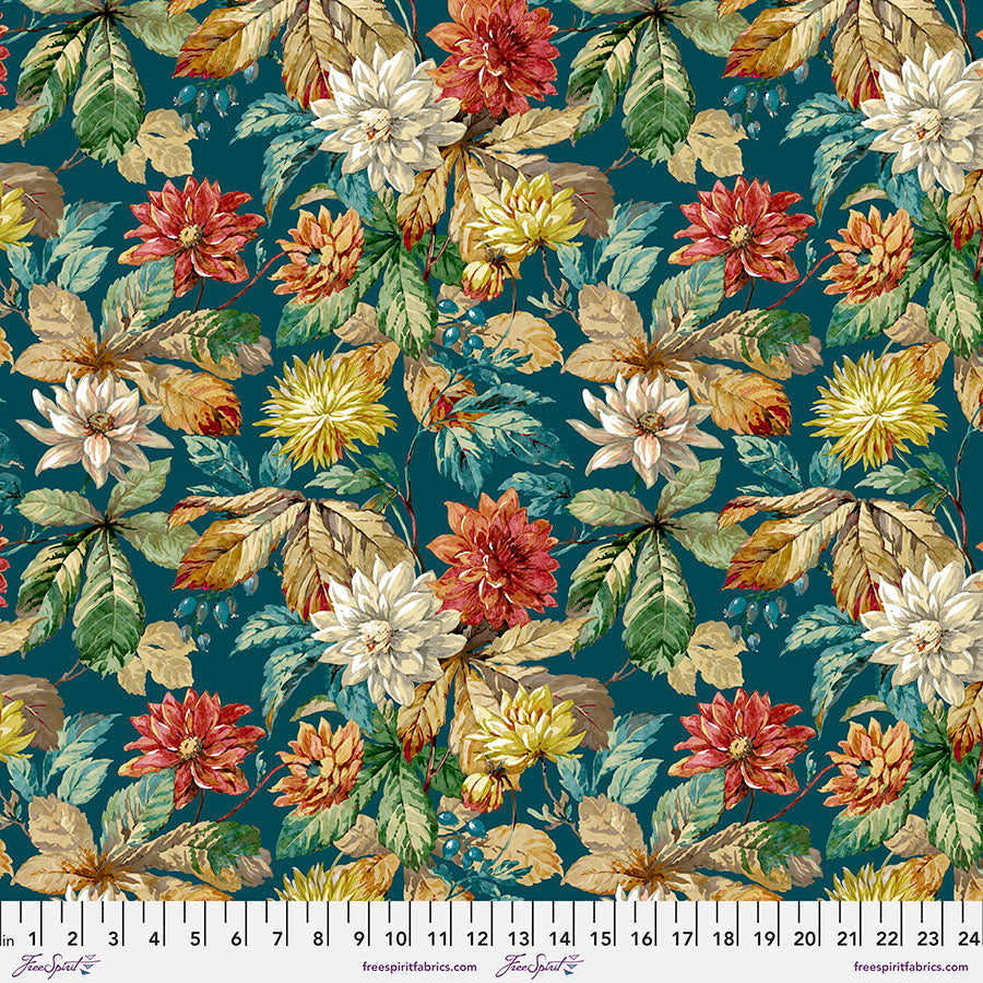 Woodland Blooms Quilt Fabric - Small Dahlia and Rosehip in Forest Green - PWSA030.FOREST
